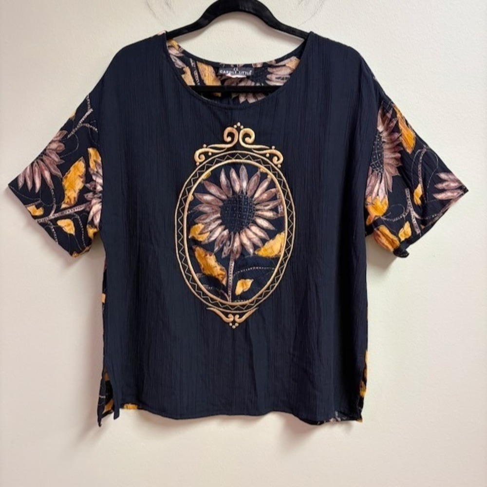 Vintage Carole Little Sunflower Top Size 12 Embroidered Floral Cottage Lagenlook